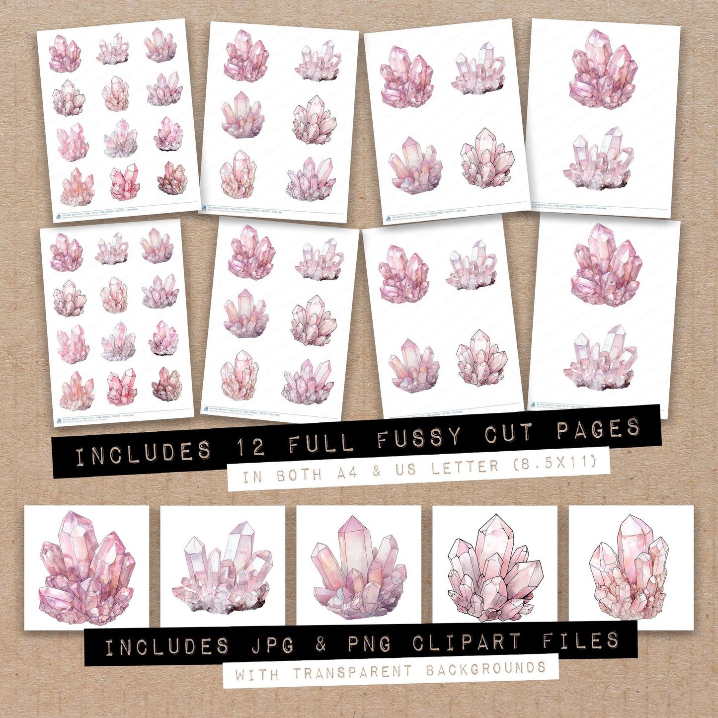 Full collection view of Watercolour Rose Quartz fussy cut sheets with bonus clipart JPG and PNG files