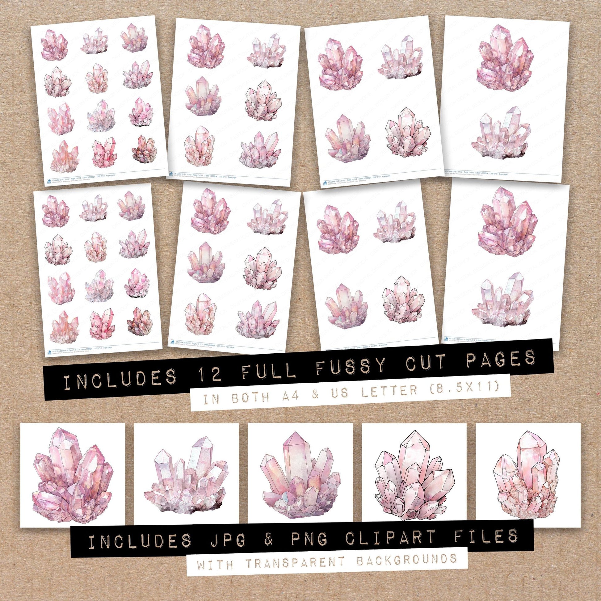 Full collection view of Watercolour Rose Quartz fussy cut sheets with bonus clipart JPG and PNG files