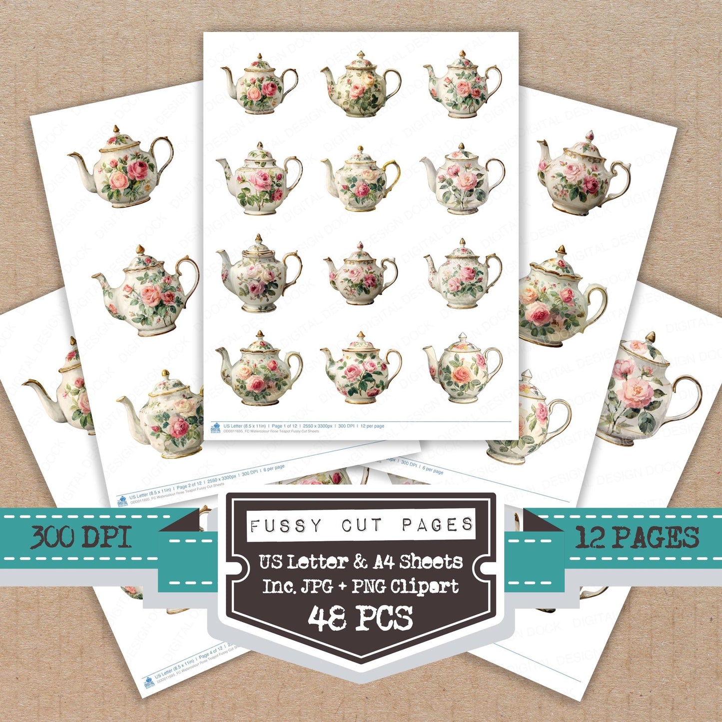 Watercolour Rose Teapot fussy cut printable sheets for junk journaling, scrapbooking, and paper craft projects