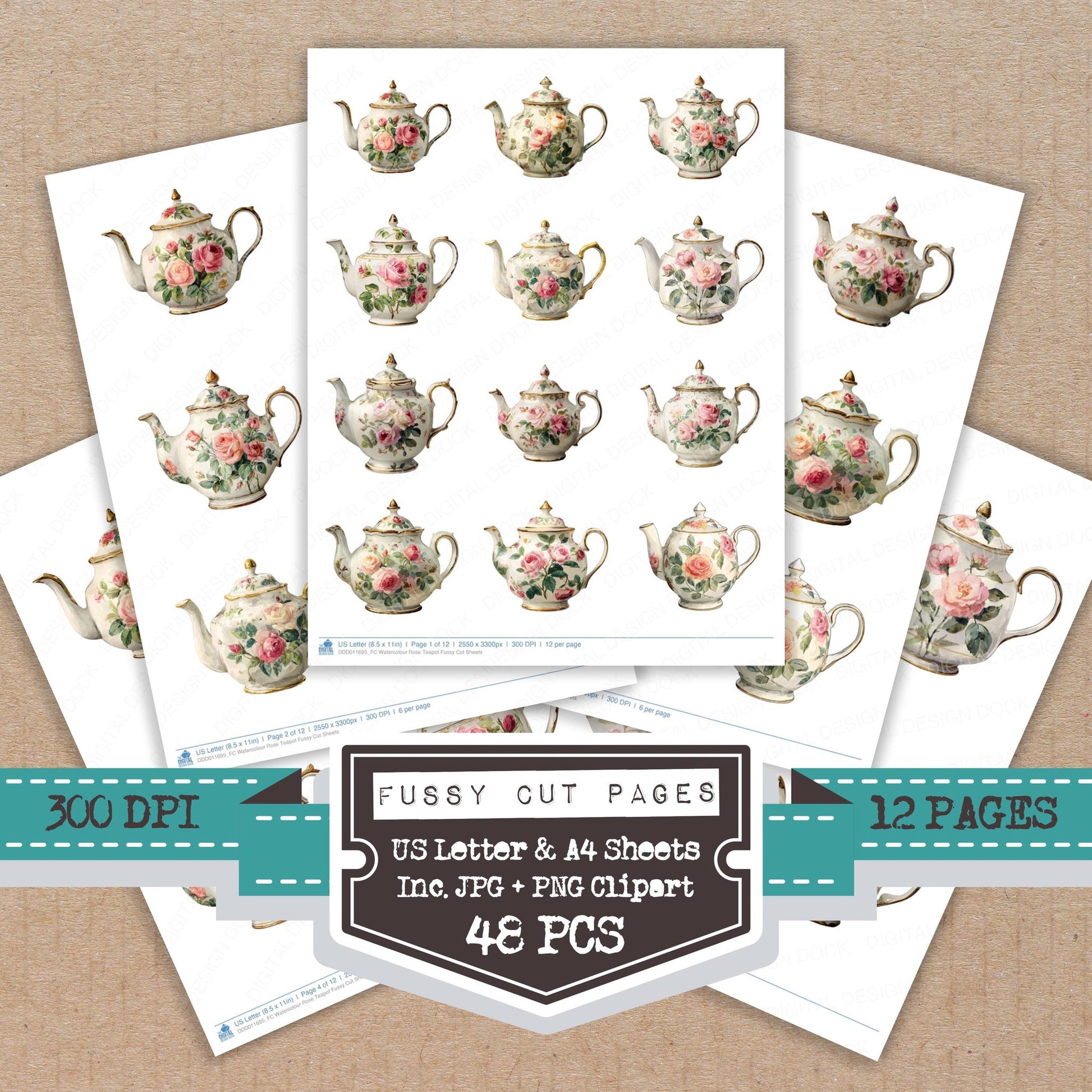 Watercolour Rose Teapot fussy cut printable sheets for junk journaling, scrapbooking, and paper craft projects