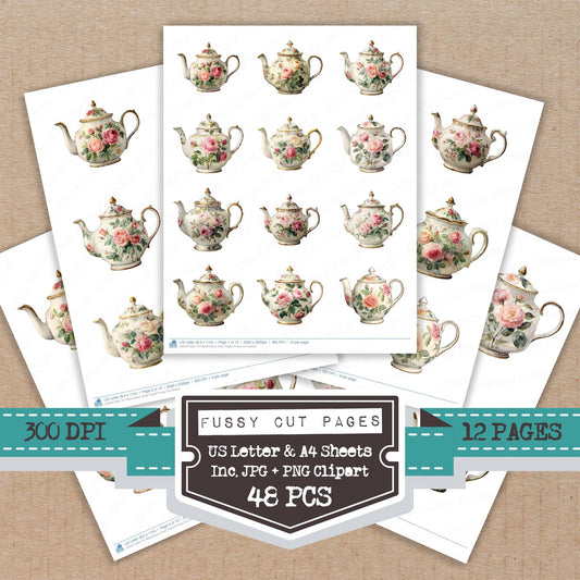 Watercolour Rose Teapot fussy cut printable sheets for junk journaling, scrapbooking, and paper craft projects
