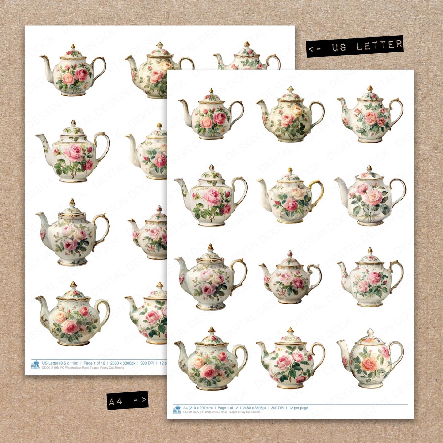 A4 and US Letter format comparison showing Watercolour Rose Teapot fussy cut pages for print and cut crafting