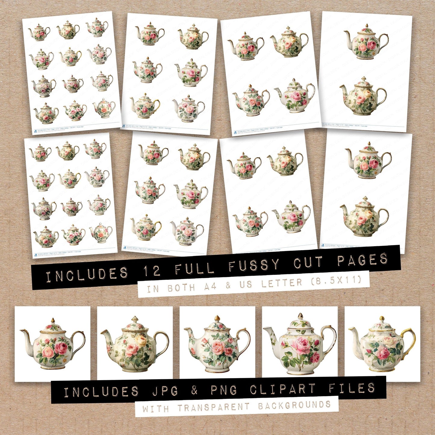 Full collection view of Watercolour Rose Teapot fussy cut sheets with bonus clipart JPG and PNG files