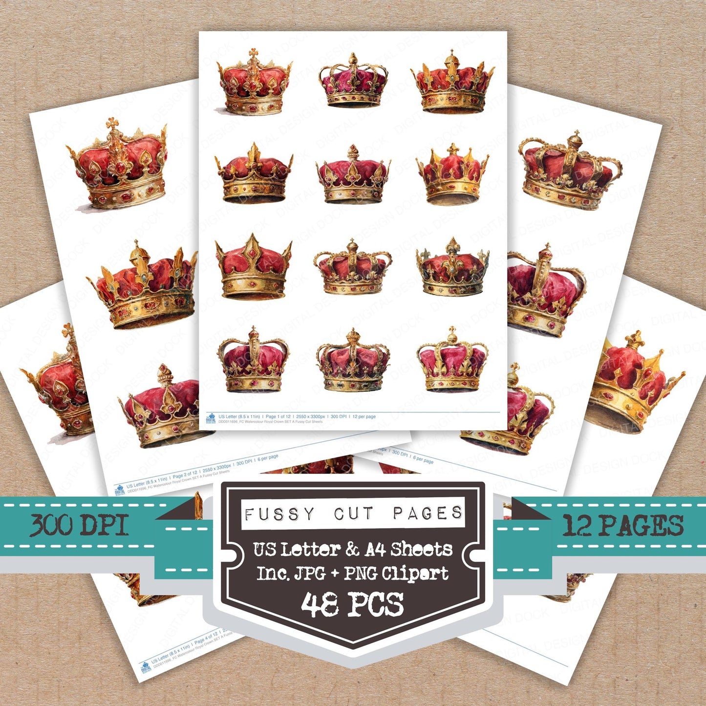 Watercolour Royal Crown A fussy cut printable sheets for junk journaling, scrapbooking, and paper craft projects