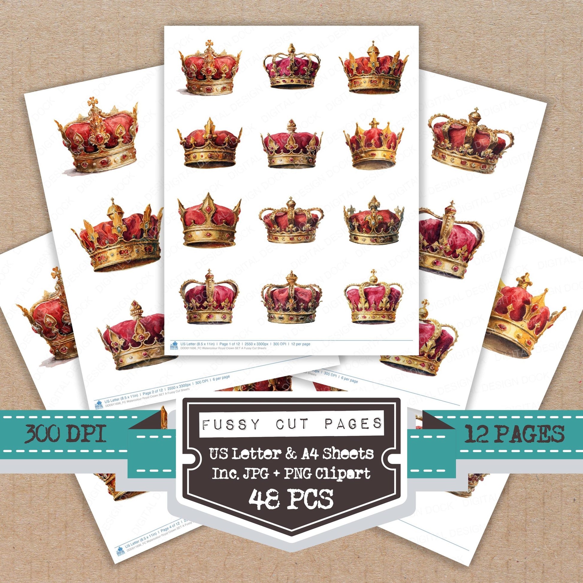 Watercolour Royal Crown A fussy cut printable sheets for junk journaling, scrapbooking, and paper craft projects