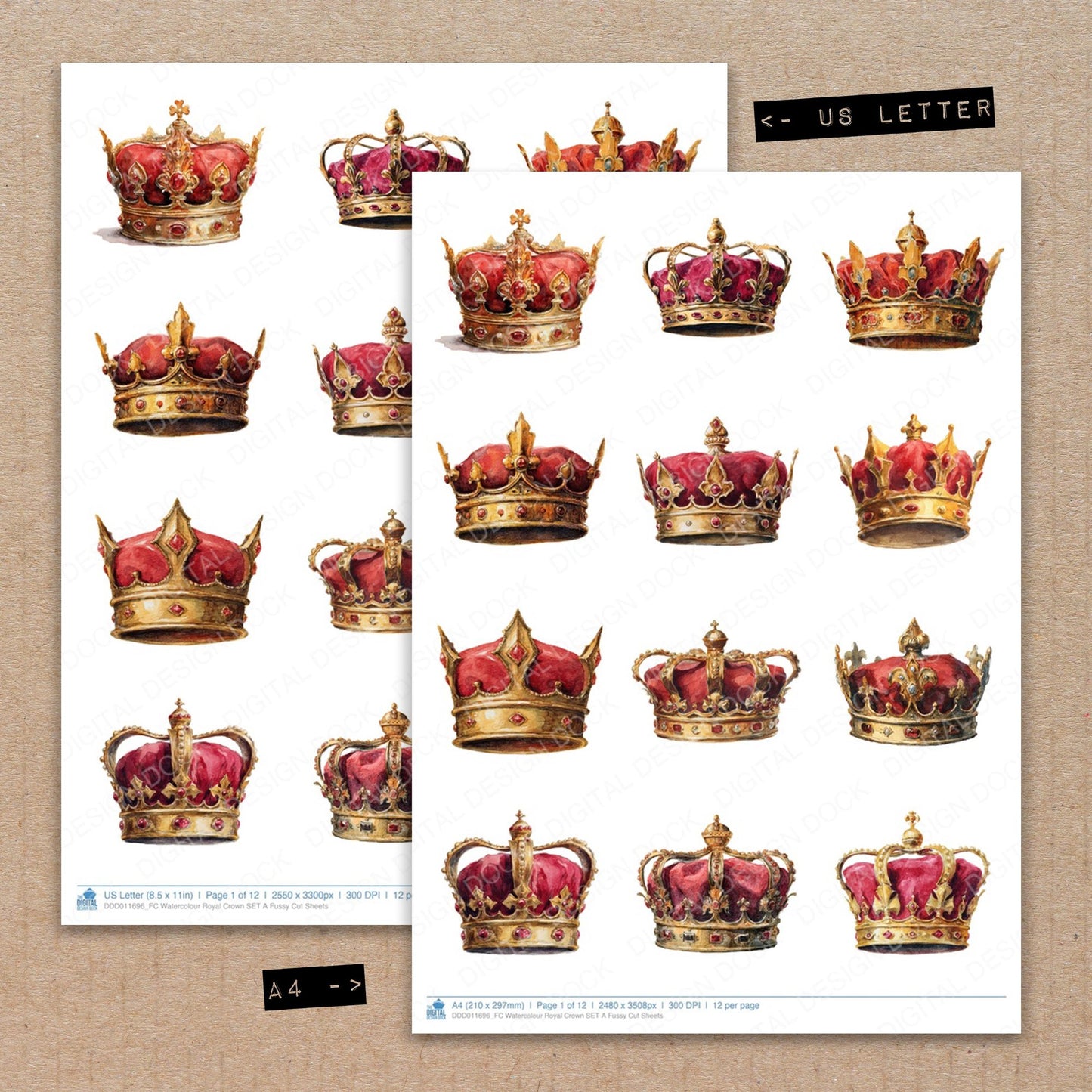 A4 and US Letter format comparison showing Watercolour Royal Crown A fussy cut pages for print and cut crafting