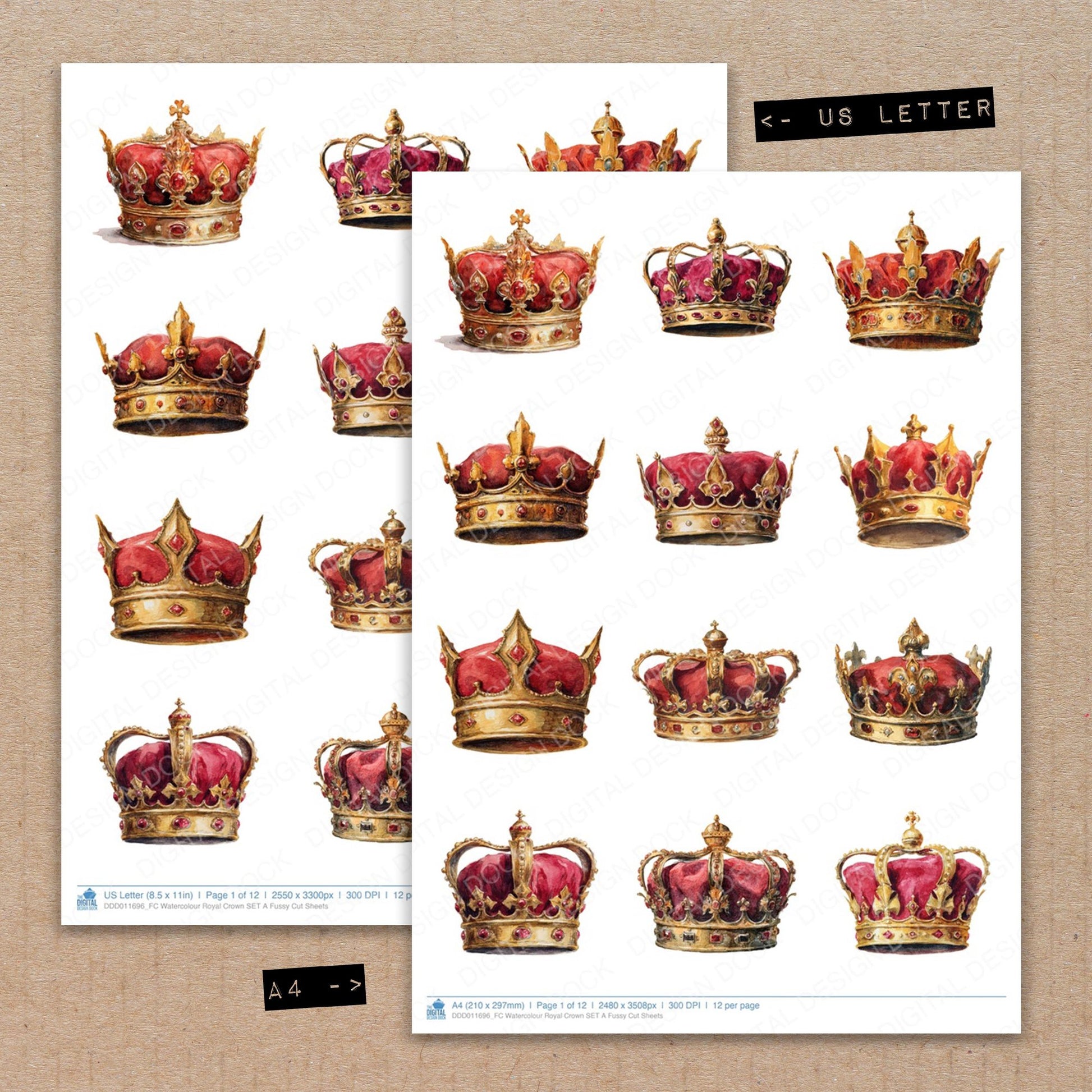 A4 and US Letter format comparison showing Watercolour Royal Crown A fussy cut pages for print and cut crafting