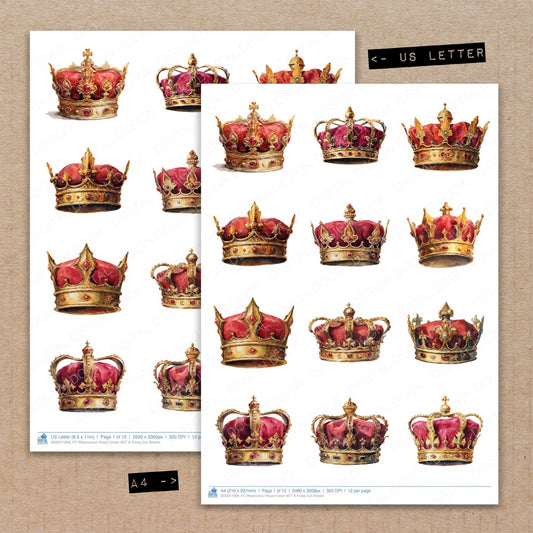 A4 and US Letter format comparison showing Watercolour Royal Crown A fussy cut pages for print and cut crafting