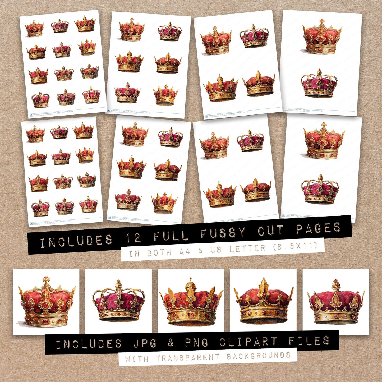 Full collection view of Watercolour Royal Crown A fussy cut sheets with bonus clipart JPG and PNG files