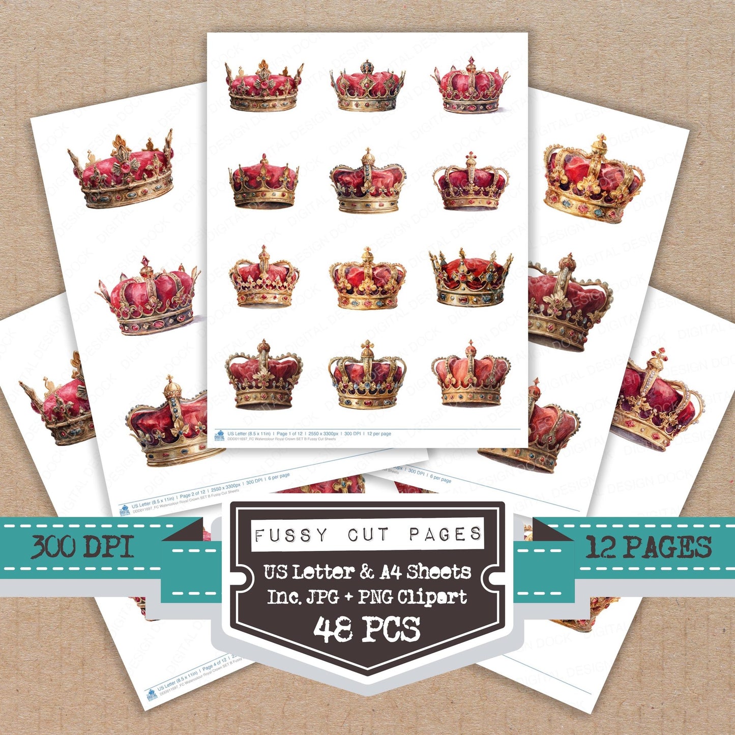 Watercolour Royal Crown B fussy cut printable sheets for junk journaling, scrapbooking, and paper craft projects