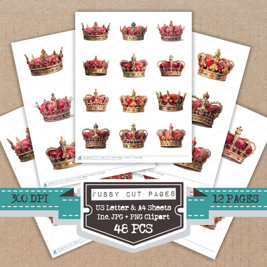 Watercolour Royal Crown B fussy cut printable sheets for junk journaling, scrapbooking, and paper craft projects