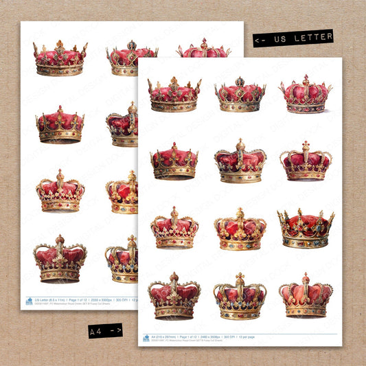 A4 and US Letter format comparison showing Watercolour Royal Crown B fussy cut pages for print and cut crafting