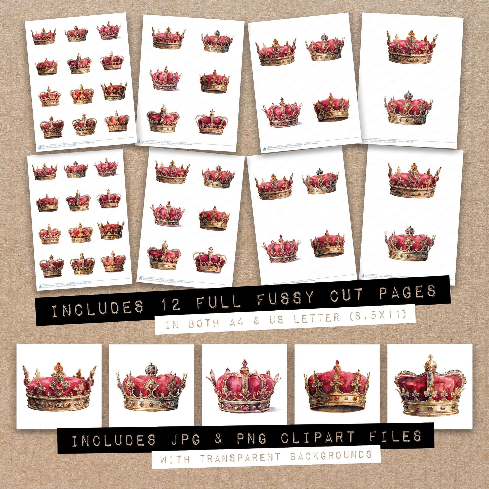 Full collection view of Watercolour Royal Crown B fussy cut sheets with bonus clipart JPG and PNG files
