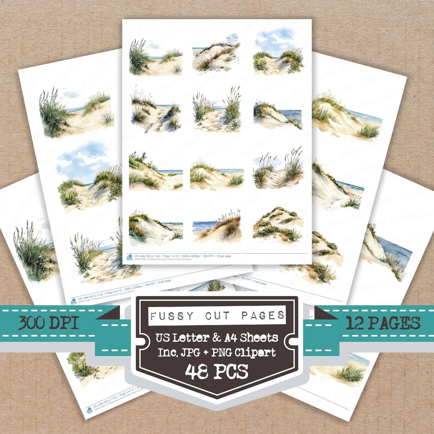 Watercolour Sand Dunes fussy cut printable sheets for junk journaling, scrapbooking, and paper craft projects