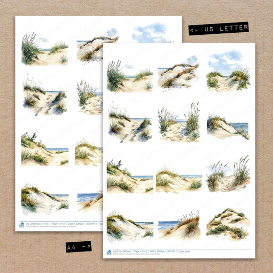A4 and US Letter format comparison showing Watercolour Sand Dunes fussy cut pages for print and cut crafting