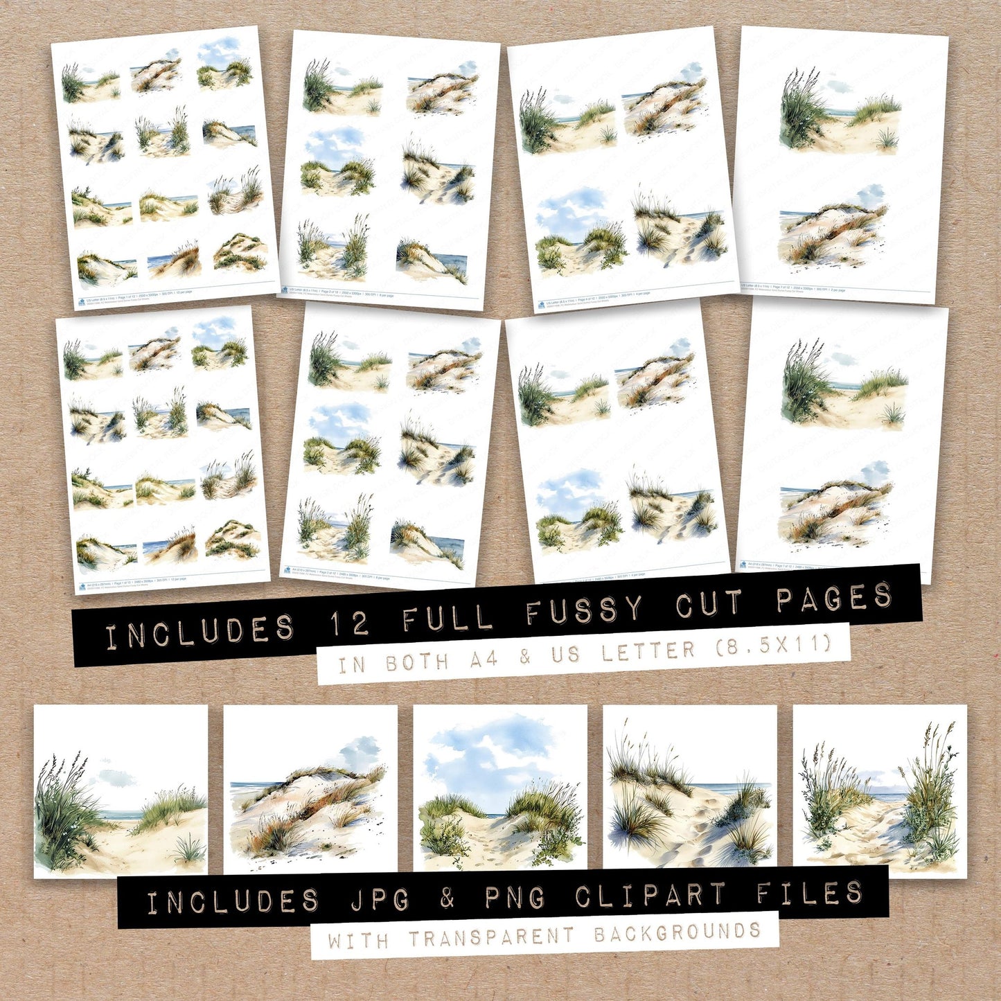 Full collection view of Watercolour Sand Dunes fussy cut sheets with bonus clipart JPG and PNG files