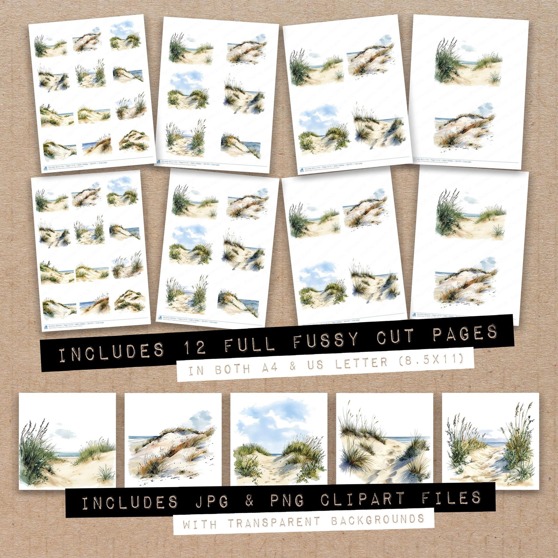 Full collection view of Watercolour Sand Dunes fussy cut sheets with bonus clipart JPG and PNG files