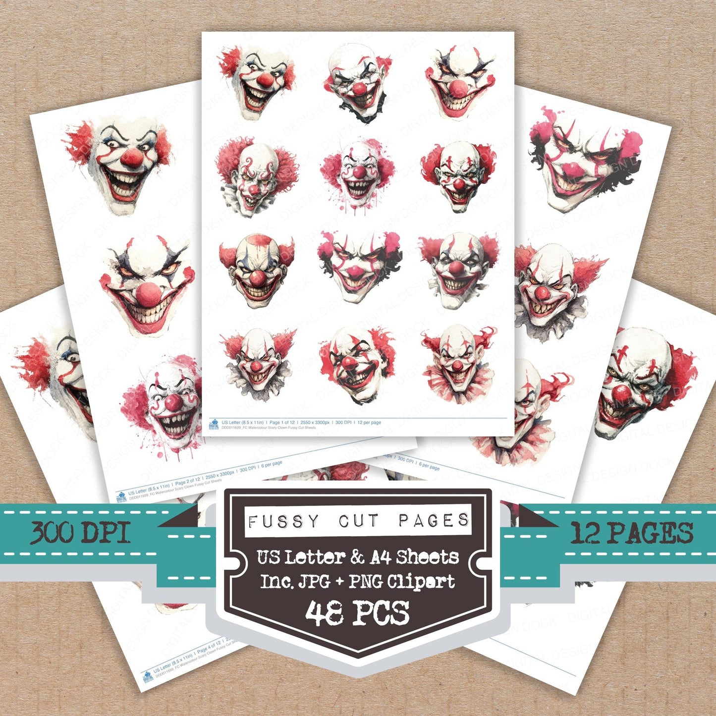Watercolour Scary Clown fussy cut printable sheets for junk journaling, scrapbooking, and paper craft projects