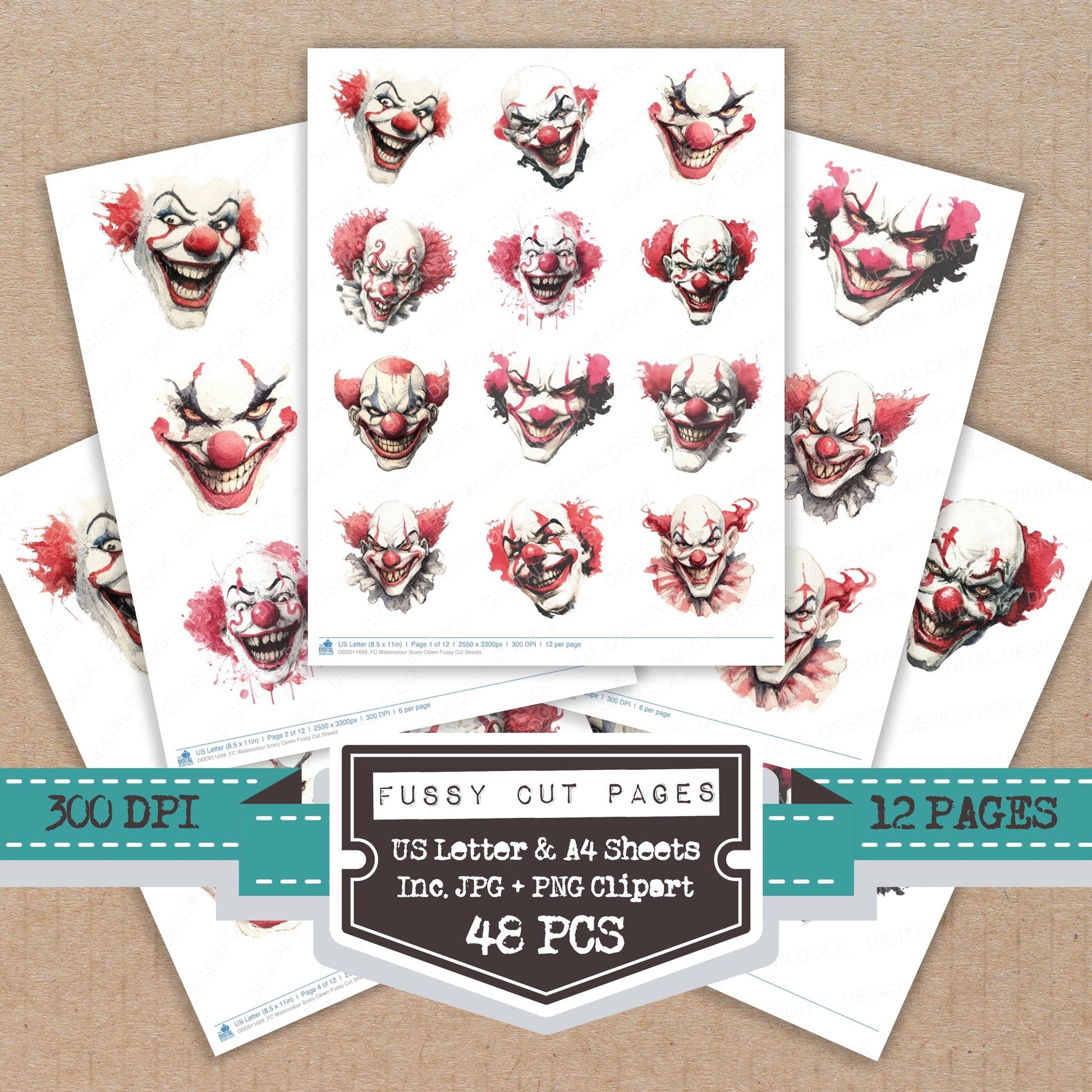 Watercolour Scary Clown fussy cut printable sheets for junk journaling, scrapbooking, and paper craft projects