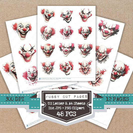 Watercolour Scary Clown fussy cut printable sheets for junk journaling, scrapbooking, and paper craft projects