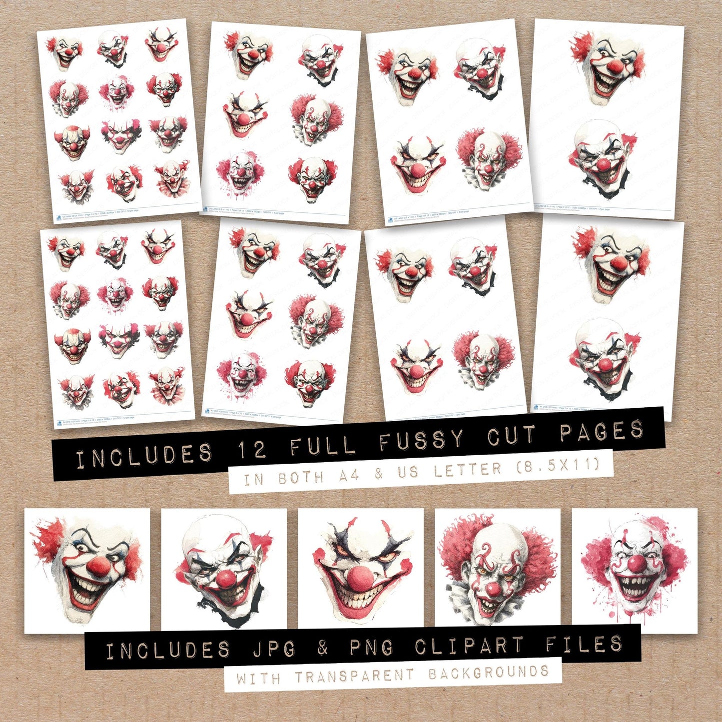 Full collection view of Watercolour Scary Clown fussy cut sheets with bonus clipart JPG and PNG files