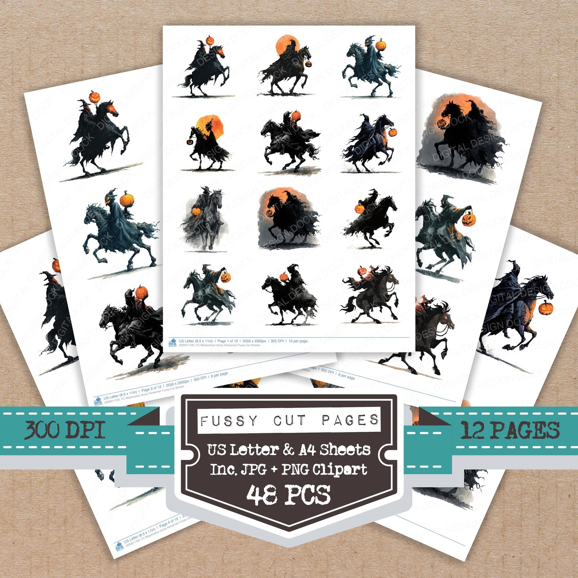 Watercolour Scary Horseman fussy cut printable sheets for junk journaling, scrapbooking, and paper craft projects
