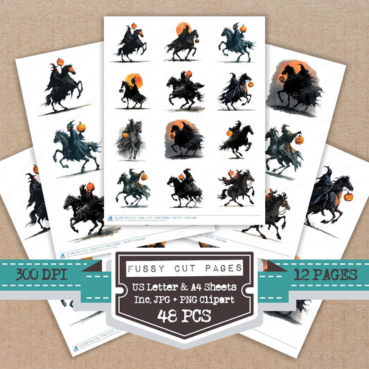 Watercolour Scary Horseman fussy cut printable sheets for junk journaling, scrapbooking, and paper craft projects