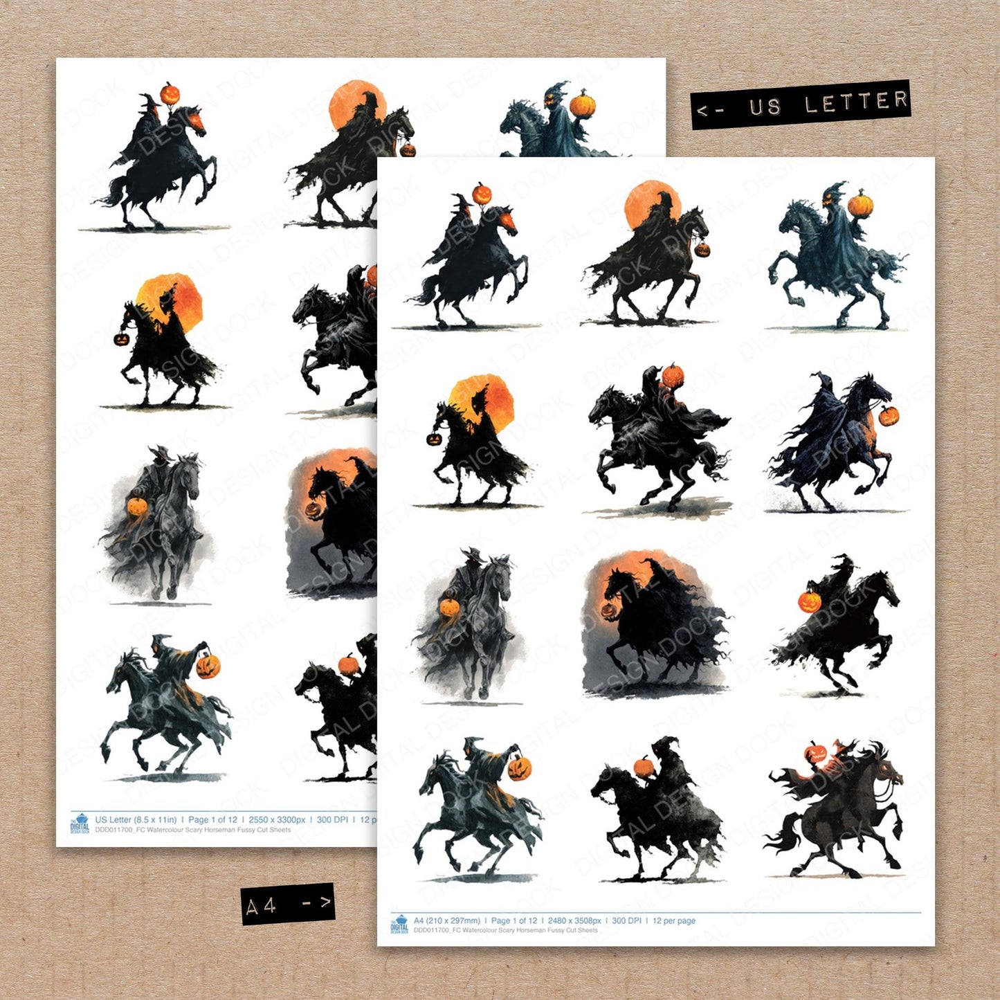 A4 and US Letter format comparison showing Watercolour Scary Horseman fussy cut pages for print and cut crafting