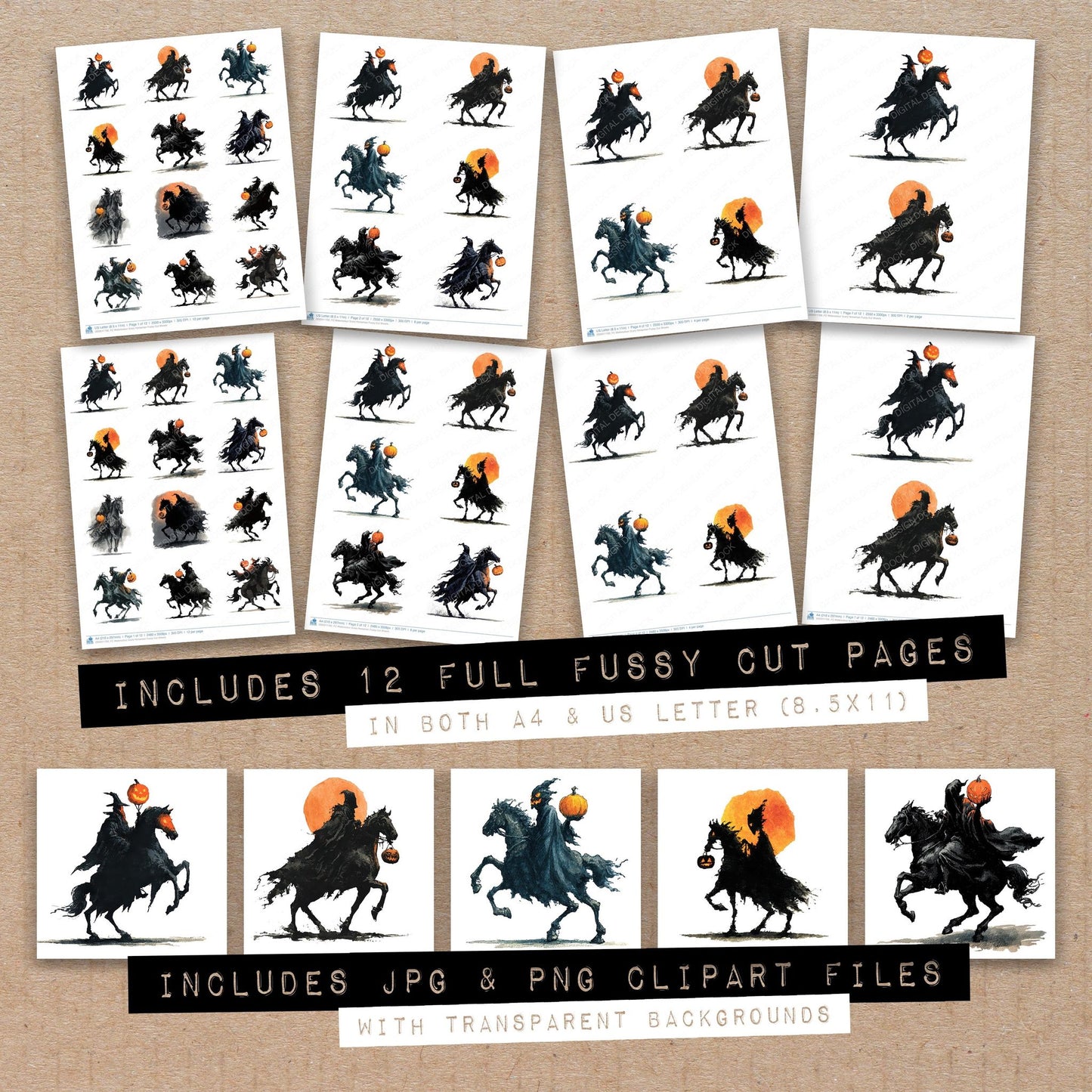 Full collection view of Watercolour Scary Horseman fussy cut sheets with bonus clipart JPG and PNG files