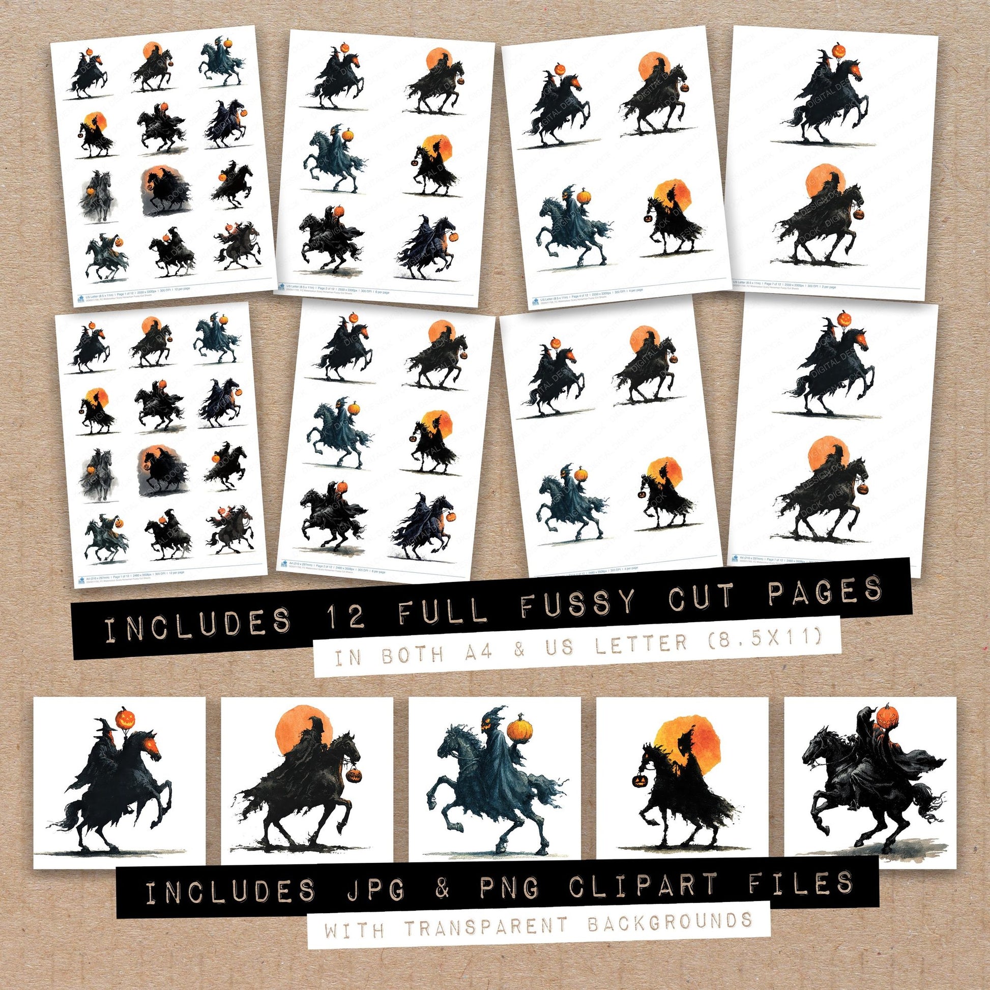 Full collection view of Watercolour Scary Horseman fussy cut sheets with bonus clipart JPG and PNG files