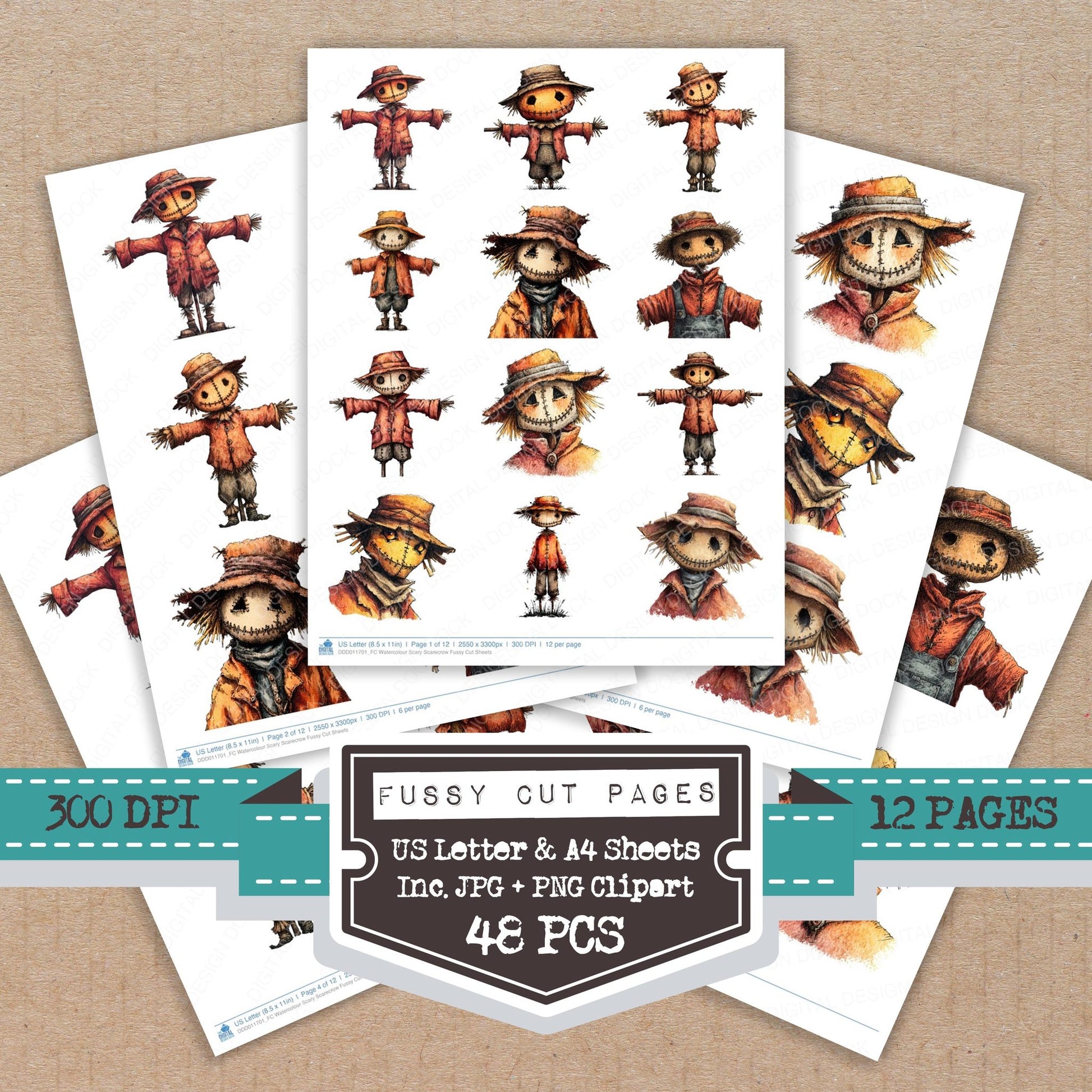 Watercolour Scary Scarecrow fussy cut printable sheets for junk journaling, scrapbooking, and paper craft projects