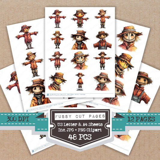 Watercolour Scary Scarecrow fussy cut printable sheets for junk journaling, scrapbooking, and paper craft projects