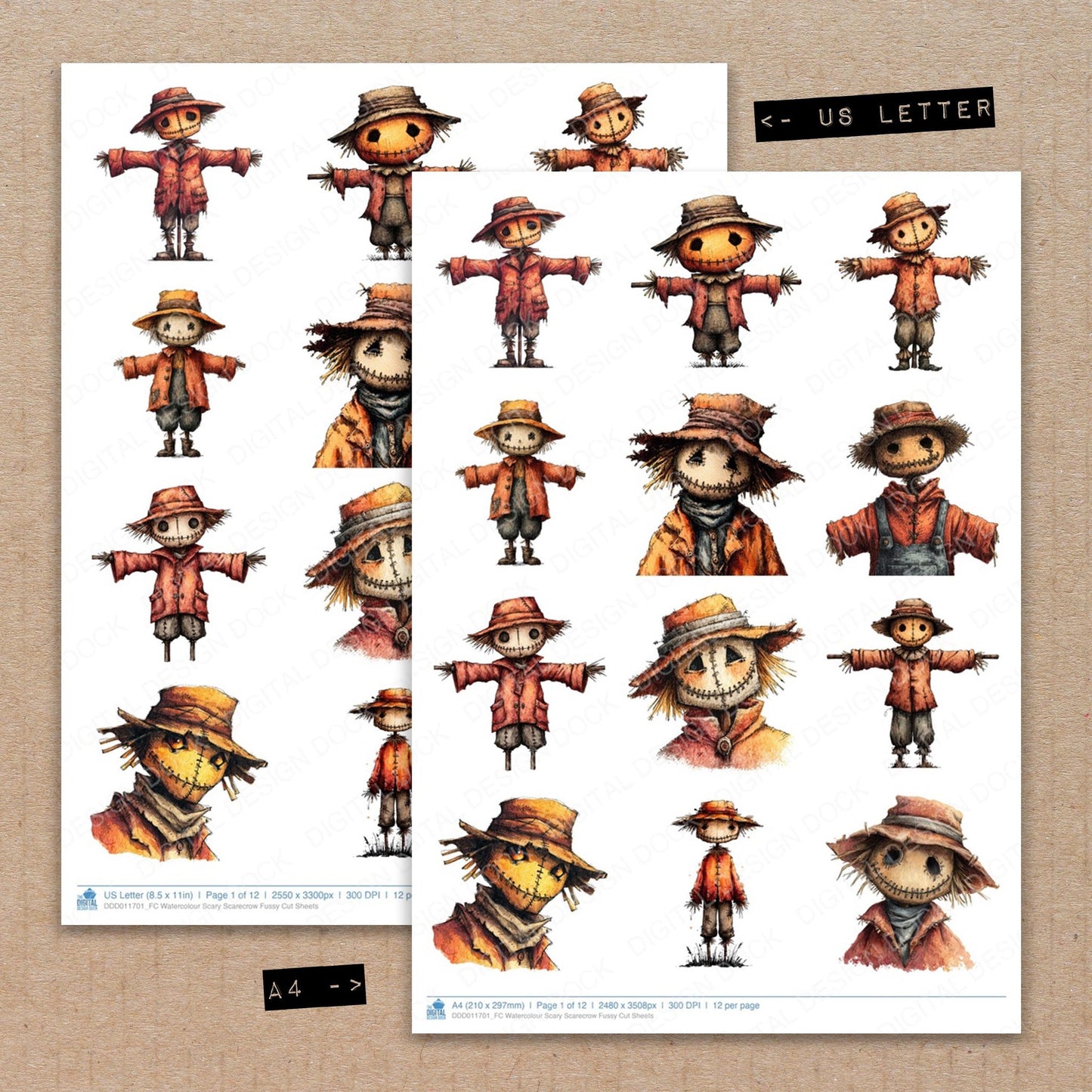 A4 and US Letter format comparison showing Watercolour Scary Scarecrow fussy cut pages for print and cut crafting