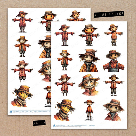 A4 and US Letter format comparison showing Watercolour Scary Scarecrow fussy cut pages for print and cut crafting