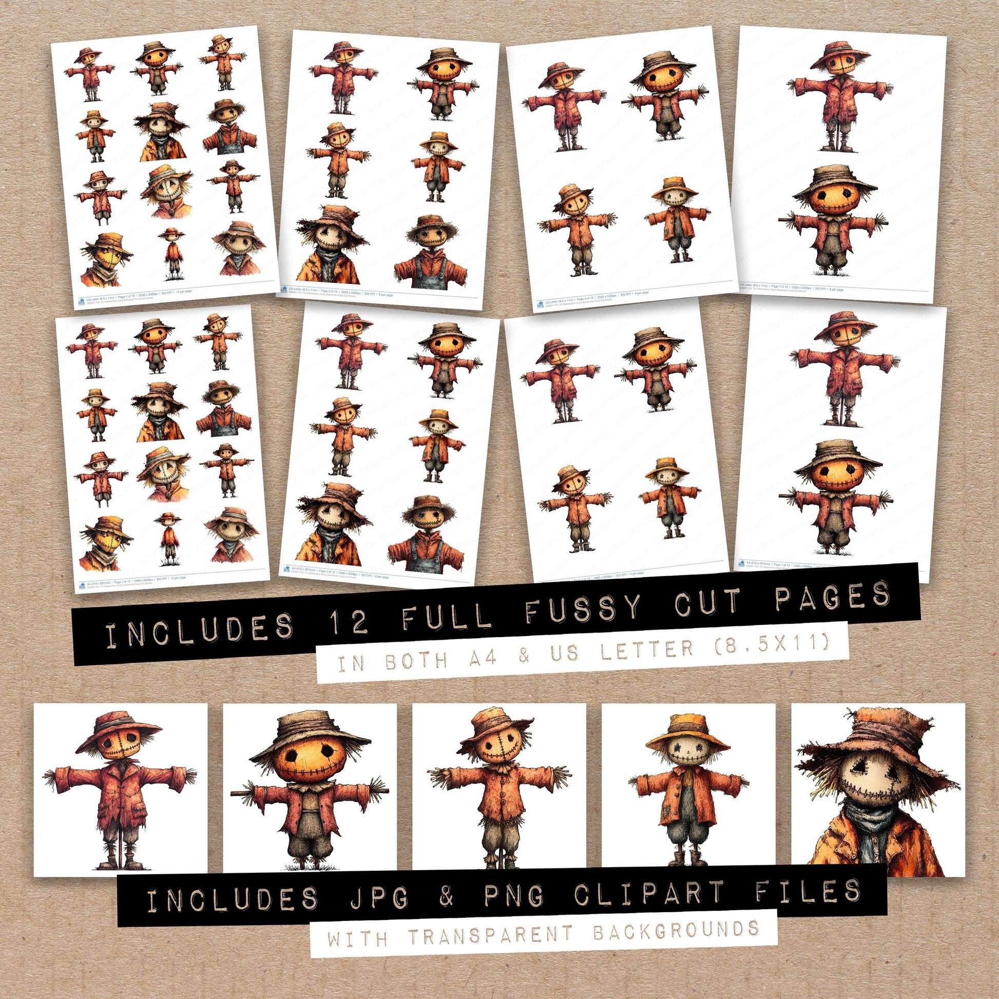 Full collection view of Watercolour Scary Scarecrow fussy cut sheets with bonus clipart JPG and PNG files