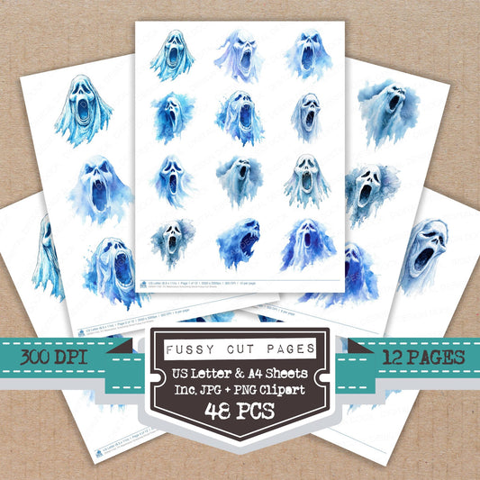 Watercolour Screaming Ghost fussy cut printable sheets for junk journaling, scrapbooking, and paper craft projects
