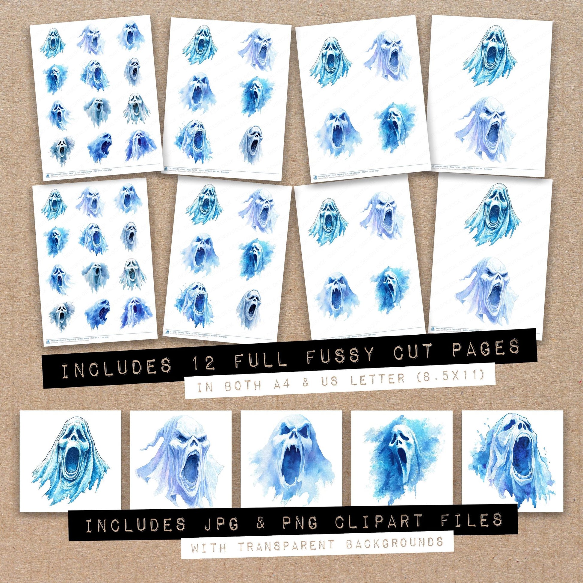 Full collection view of Watercolour Screaming Ghost fussy cut sheets with bonus clipart JPG and PNG files