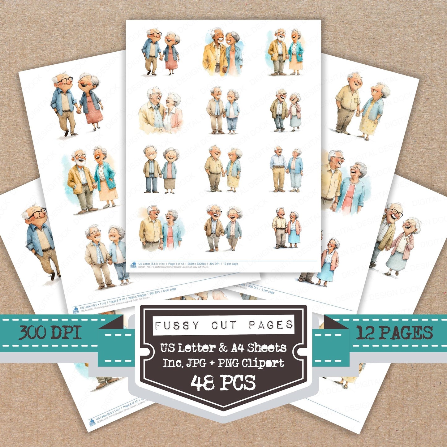 Watercolour Senior Couple Laughing fussy cut printable sheets for junk journaling, scrapbooking, and paper craft projects