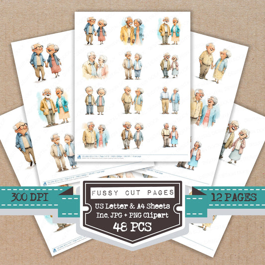 Watercolour Senior Couple Laughing fussy cut printable sheets for junk journaling, scrapbooking, and paper craft projects