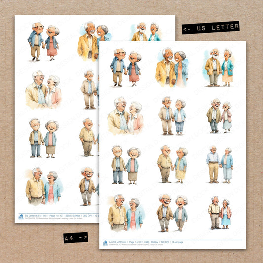 A4 and US Letter format comparison showing Watercolour Senior Couple Laughing fussy cut pages for print and cut crafting