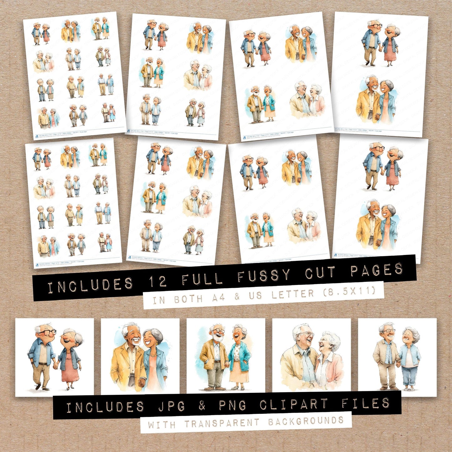 Full collection view of Watercolour Senior Couple Laughing fussy cut sheets with bonus clipart JPG and PNG files