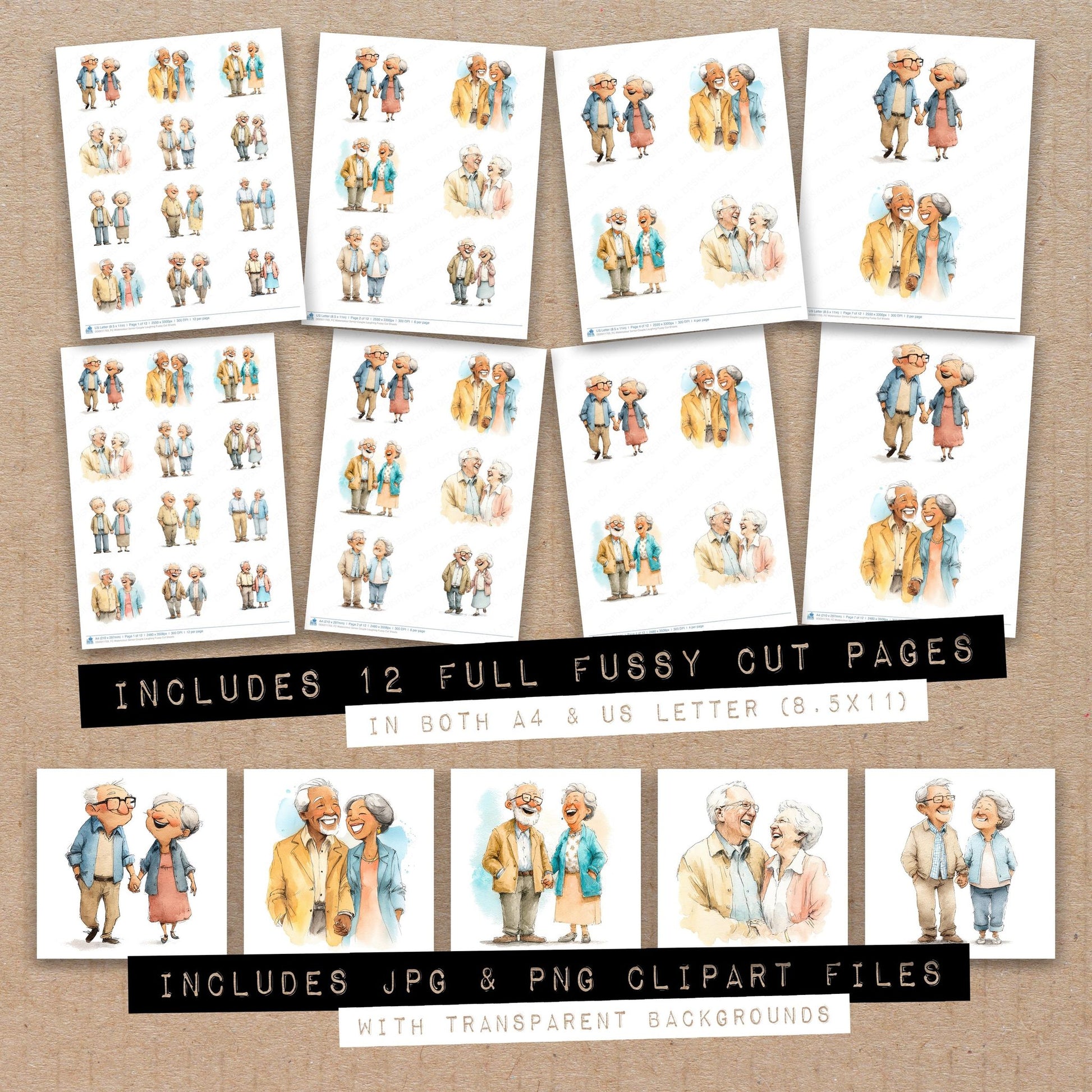 Full collection view of Watercolour Senior Couple Laughing fussy cut sheets with bonus clipart JPG and PNG files