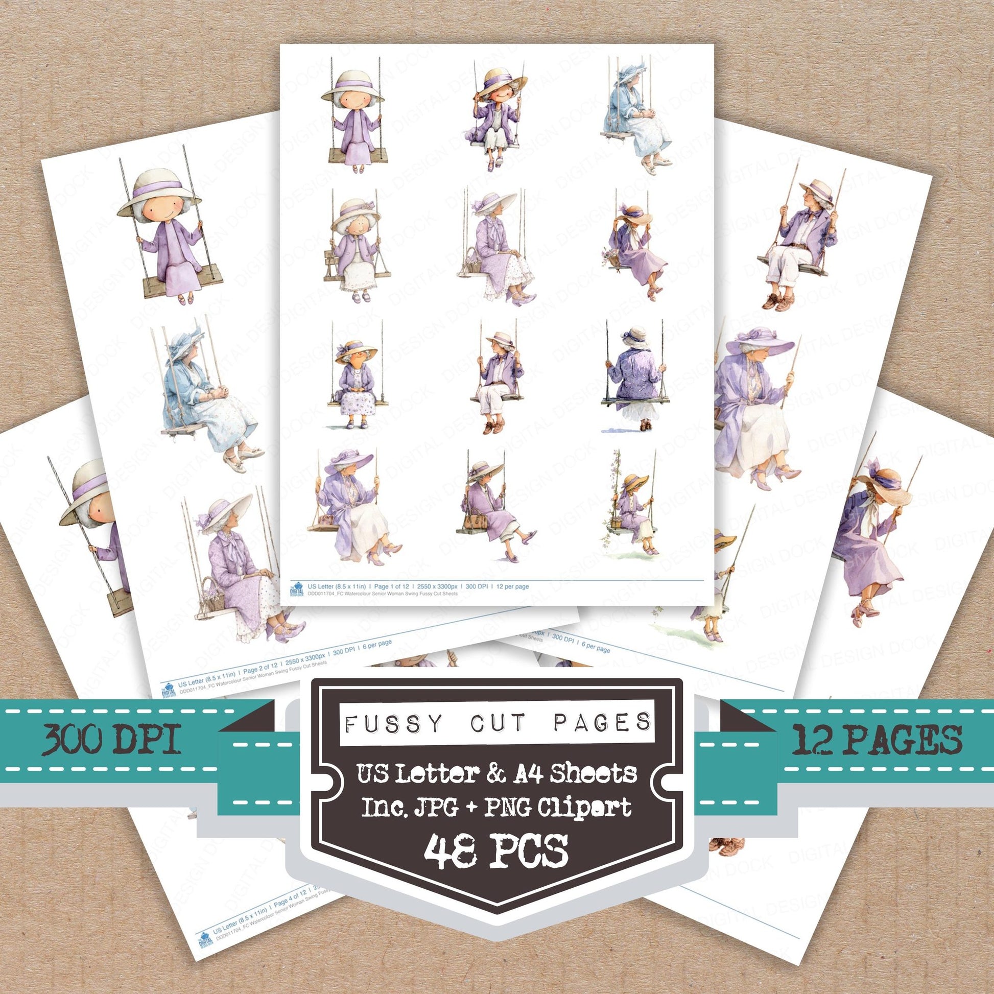 Watercolour Senior Woman Swing fussy cut printable sheets for junk journaling, scrapbooking, and paper craft projects