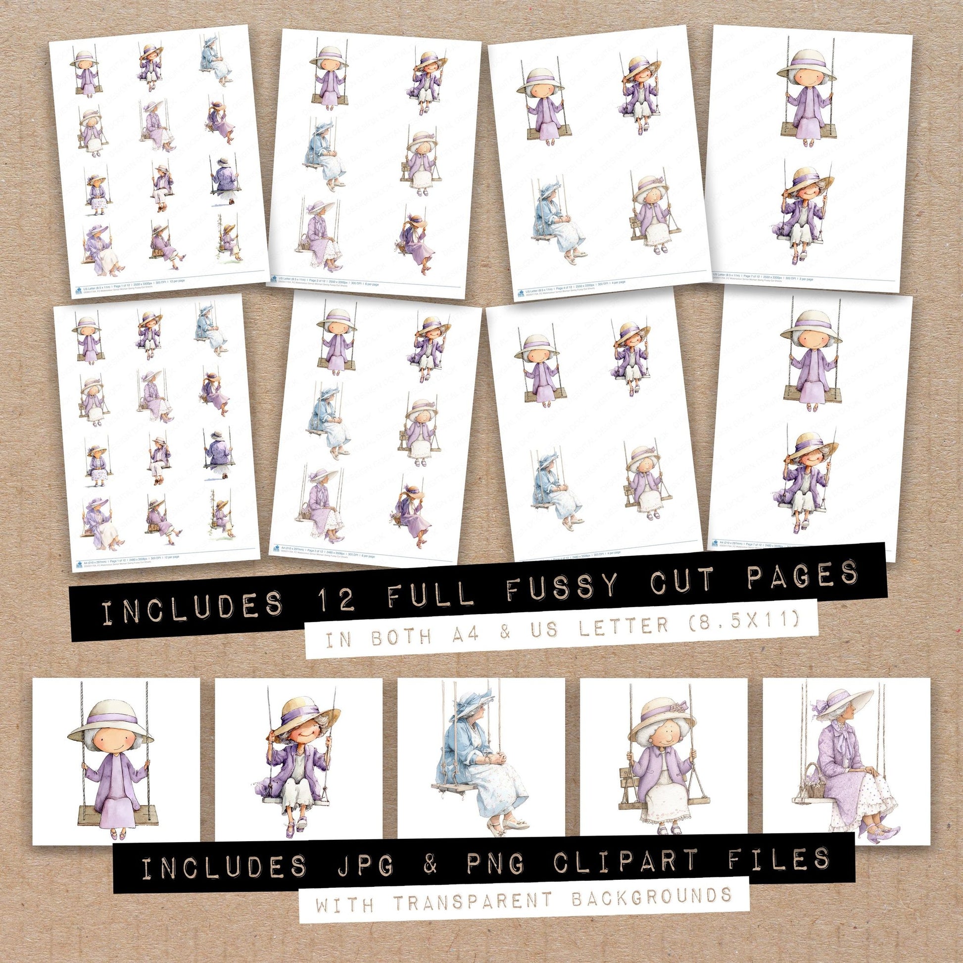 Full collection view of Watercolour Senior Woman Swing fussy cut sheets with bonus clipart JPG and PNG files