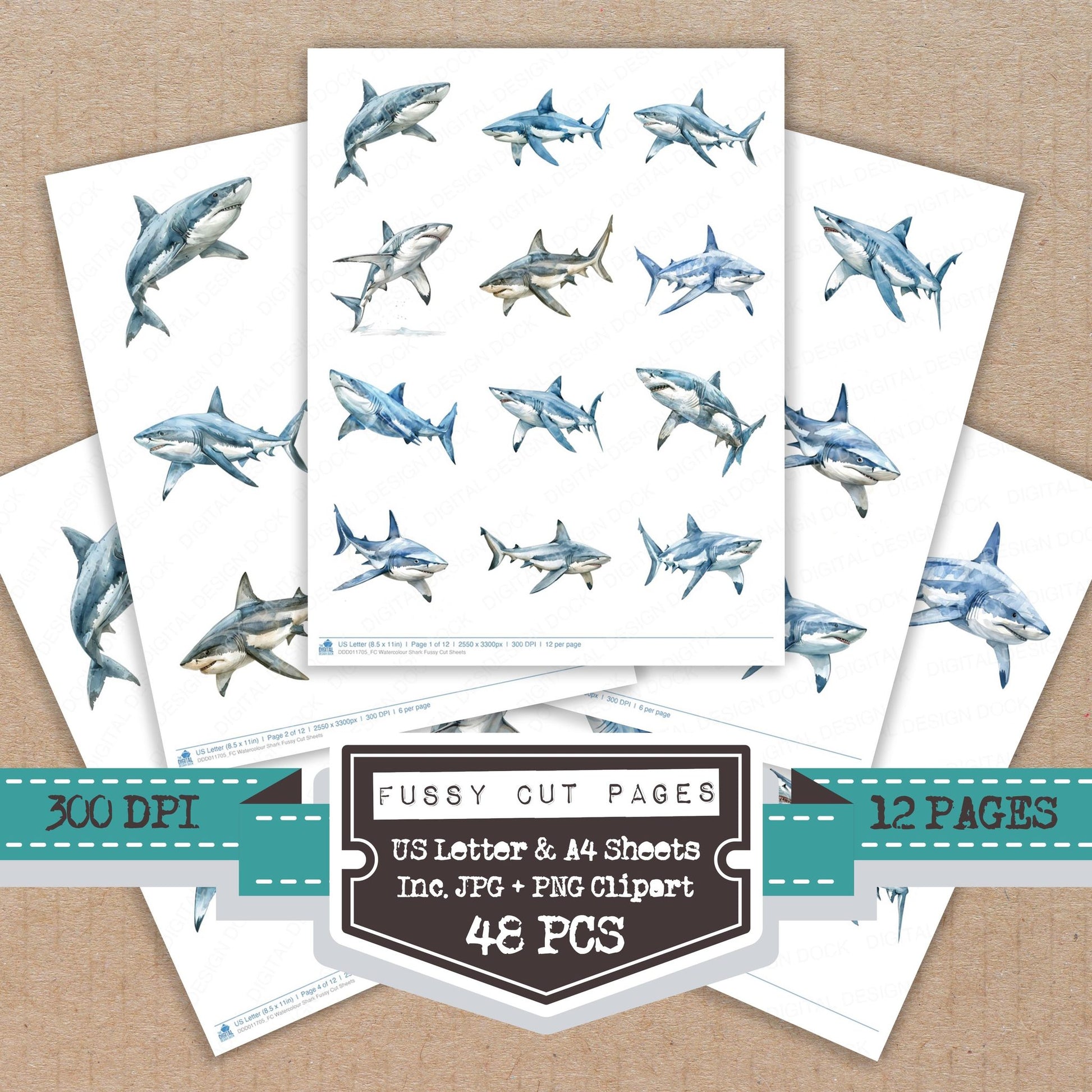 Watercolour Shark fussy cut printable sheets for junk journaling, scrapbooking, and paper craft projects