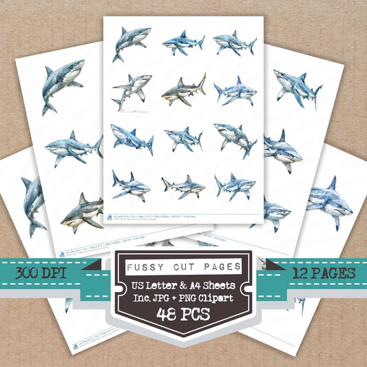 Watercolour Shark fussy cut printable sheets for junk journaling, scrapbooking, and paper craft projects