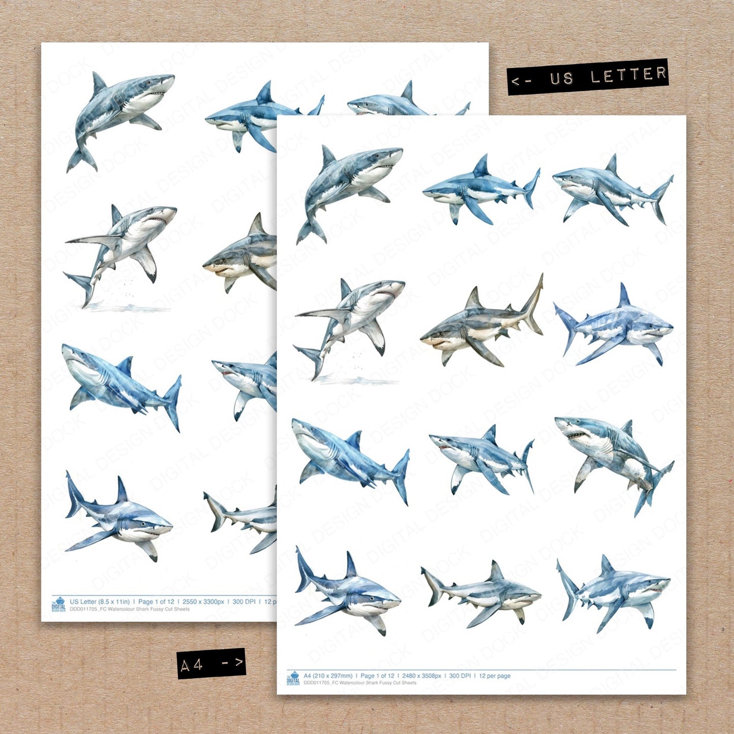 A4 and US Letter format comparison showing Watercolour Shark fussy cut pages for print and cut crafting