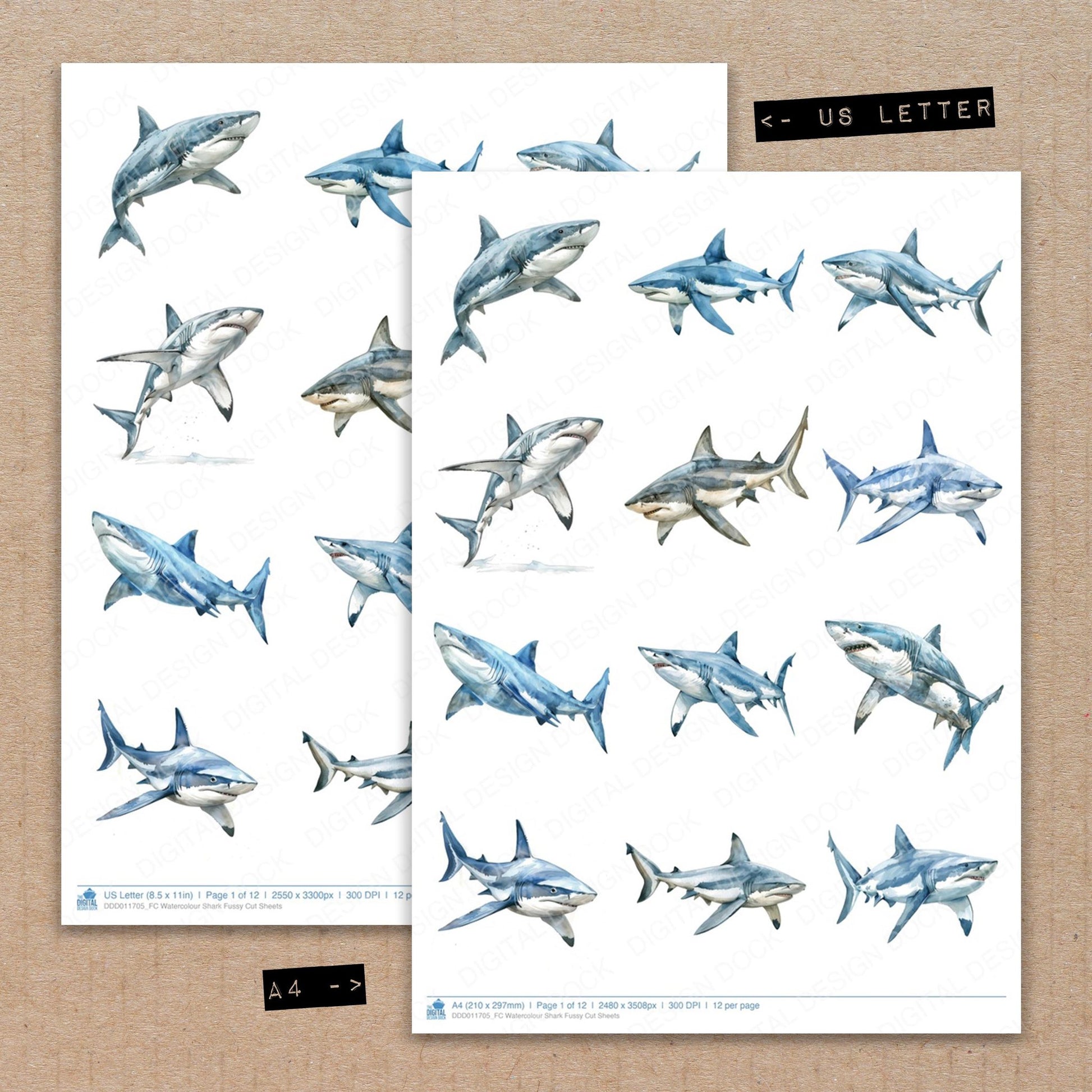 A4 and US Letter format comparison showing Watercolour Shark fussy cut pages for print and cut crafting