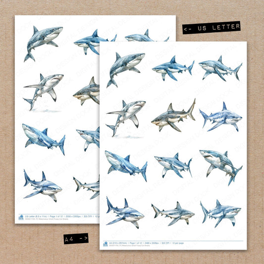 A4 and US Letter format comparison showing Watercolour Shark fussy cut pages for print and cut crafting