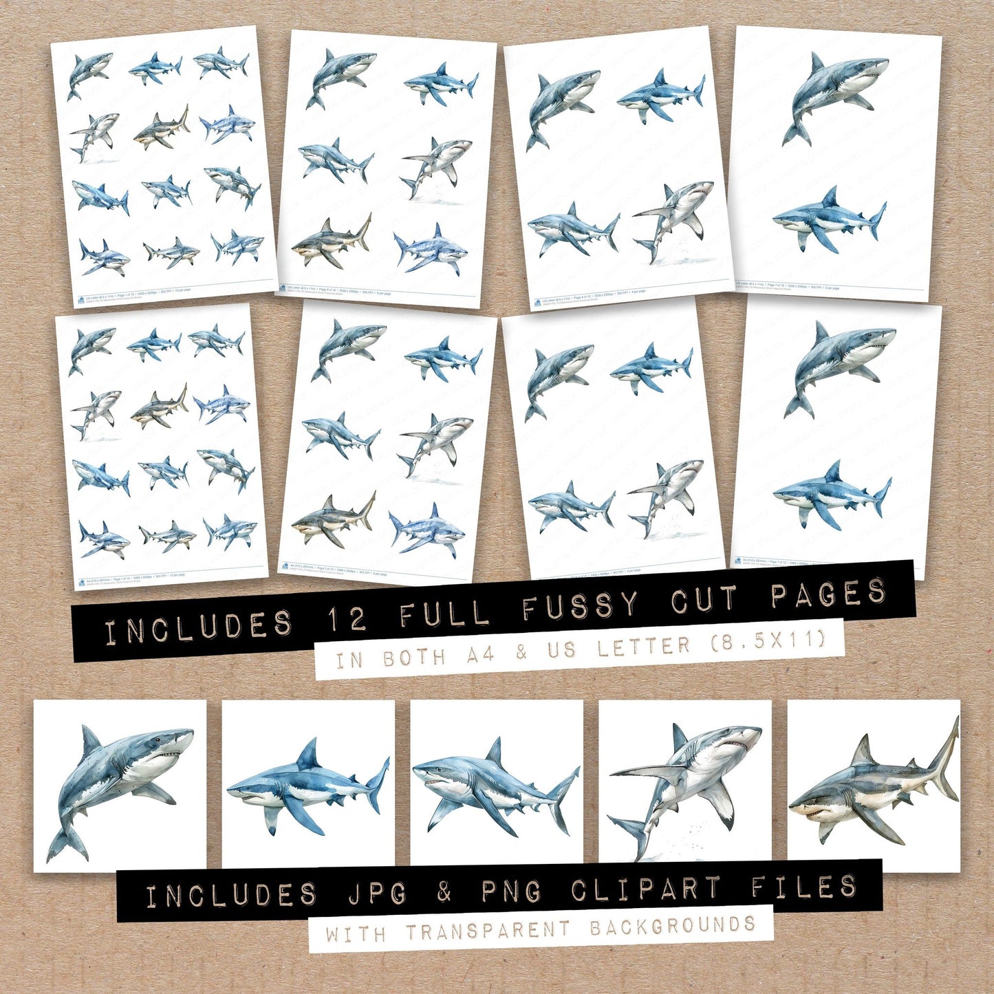 Full collection view of Watercolour Shark fussy cut sheets with bonus clipart JPG and PNG files